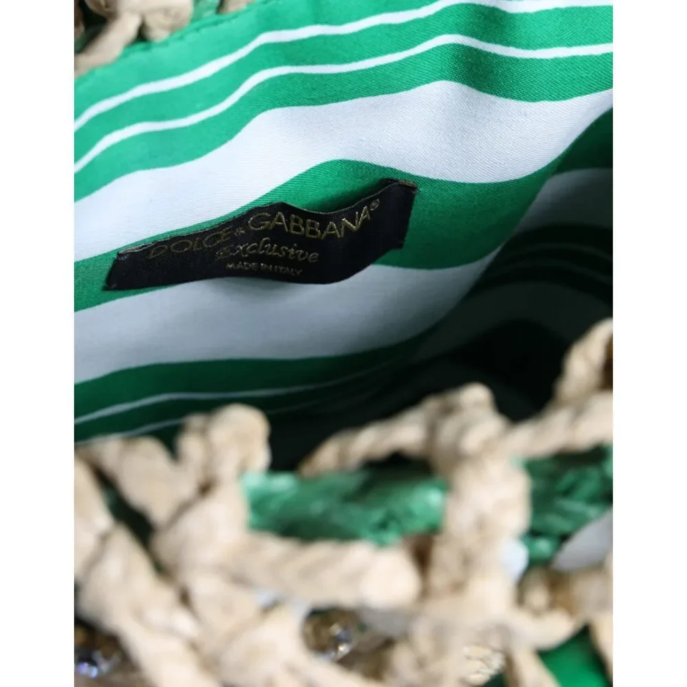 Dolce & Gabbana Beige Green Rafia Seashells Crystal Bucket Bag - Picture 8 of 8